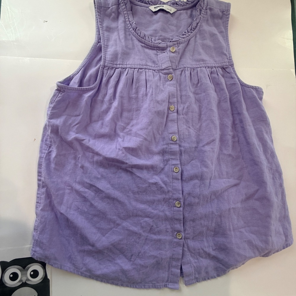 Sonoma Linen Blend Sleeveless Top Women Large Purple Ruffle Flowy Cottagecore